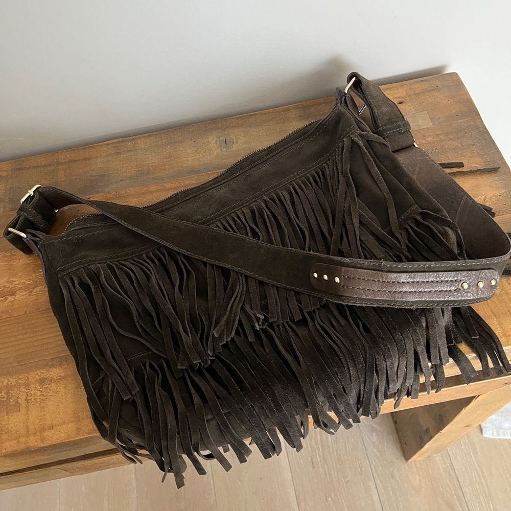brown suede crossbody bag with fringes